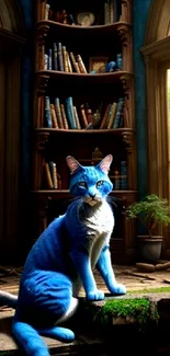 Blue cat in a magical library with towering bookshelves.