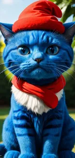 Charming blue cat with a red hat and scarf in a garden setting.