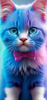 Vibrant blue kitten with pink bowtie on colorful background.