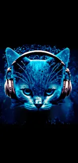 Blue cat with headphones digital wallpaper.