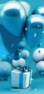 Blue-themed wallpaper with balloons and a gift box.