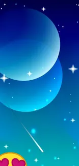 Blue celestial wallpaper with stars and spheres.