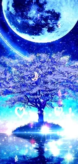 Luminous blue tree under a moonlit night sky.