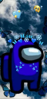 Blue Among Us character with butterflies in the sky.