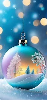 Colorful ornament with snowy trees and bokeh lights.