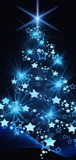 Glowing blue Christmas tree with starry design on dark background