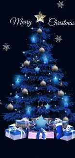 Stunning blue Christmas tree with gifts and snowflakes.