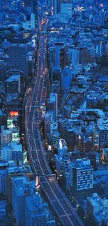 A vibrant blue cityscape glowing with urban lights at night.