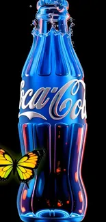 Blue neon Coca-Cola bottle with butterfly.