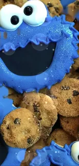 Blue Cookie Monster surrounded by cookies.