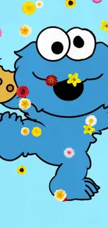 Illustrated Cookie Monster with a cookie on a light blue background.