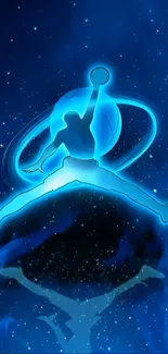 Glowing blue basketball silhouette over cosmic background.