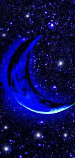 Blue crescent moon in cosmic starry background wallpaper.