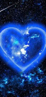 Vibrant blue cosmic heart with galaxy background.