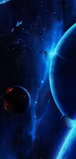 Wallpaper of blue planets set in a cosmic space scene.