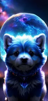 A blue cosmic puppy with a galaxy background.