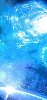 Blue cosmic vortex galaxy swirling in space wallpaper.