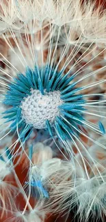 Close-up of a blue dandelion with delicate intricate details.