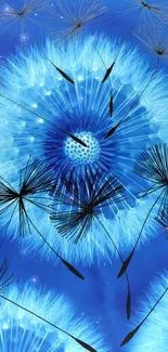 Mesmerizing blue dandelion with glowing seeds on a vibrant background.