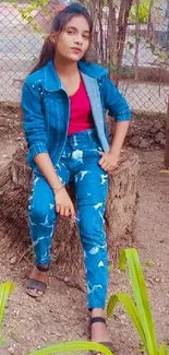 Young woman in denim sitting outdoors