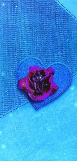 Blue denim heart with a red rose wallpaper.