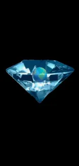 Blue diamond with Earth inside on black background.