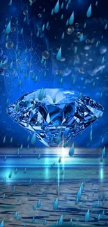 Blue diamond on a leaf with water droplets in high resolution.