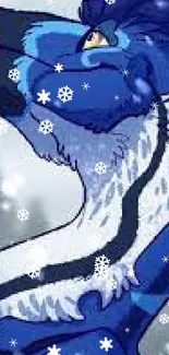 Blue dinosaur fantasy art with falling snow.