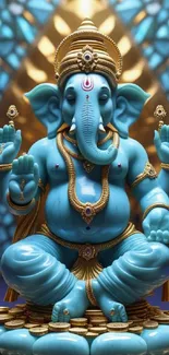 Blue Ganesha statue with golden backdrop.