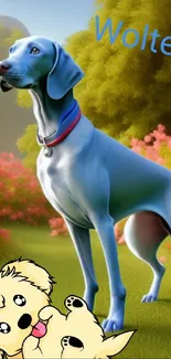 Cartoon wallpaper with a blue dog in a vibrant nature setting.