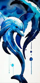 Blue dolphin watercolor art wallpaper for mobile devices.