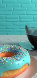 Blue icing donut with coffee on marble table against brick wall.