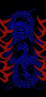 Neon blue dragon with red flames on black background.