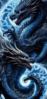Artwork of a majestic blue dragon entwined with fiery elements in a fantasy scene.