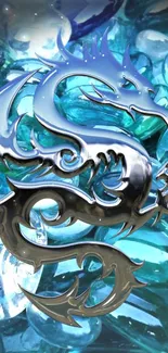 Metallic blue dragon art with shiny elements and vibrant blue background.