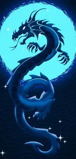 Blue dragon glowing in mystical design on a mobile wallpaper.