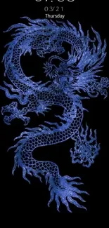 Intricate blue dragon on black wallpaper design.