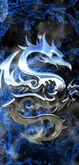 Blue metallic dragon with fluid background design.