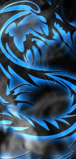 Blue tribal dragon on dark background wallpaper.