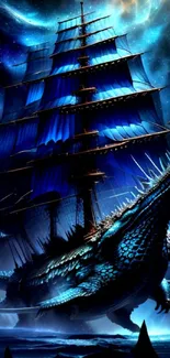 Blue dragonship sailing under a starry night sky in fantasy art.