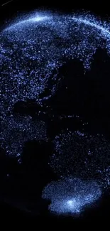 Blue illuminated Earth at night with glowing continents and starry background.