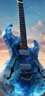 Blue electric guitar with a fantasy sky background.