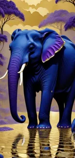 Vibrant blue elephant with purple trees in a fantasy landscape.