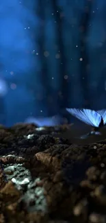 Blue butterflies flutter in an enchanted forest, creating a mystical nighttime scene.