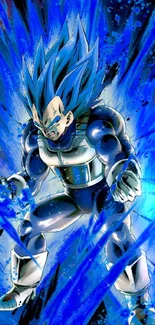 Anime character with blue energy on cosmic background.