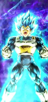 Anime character in Super Saiyan form with vibrant blue energy background.