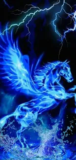 Vibrant blue energy pegasus with lightning background.