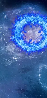 Dynamic blue energy vortex on a cosmic galaxy background.