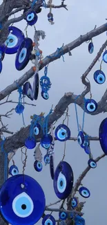 Blue evil eye charms hanging decoratively on tree branches.