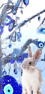 Rabbit and blue evil eye wallpaper with winter vibes.